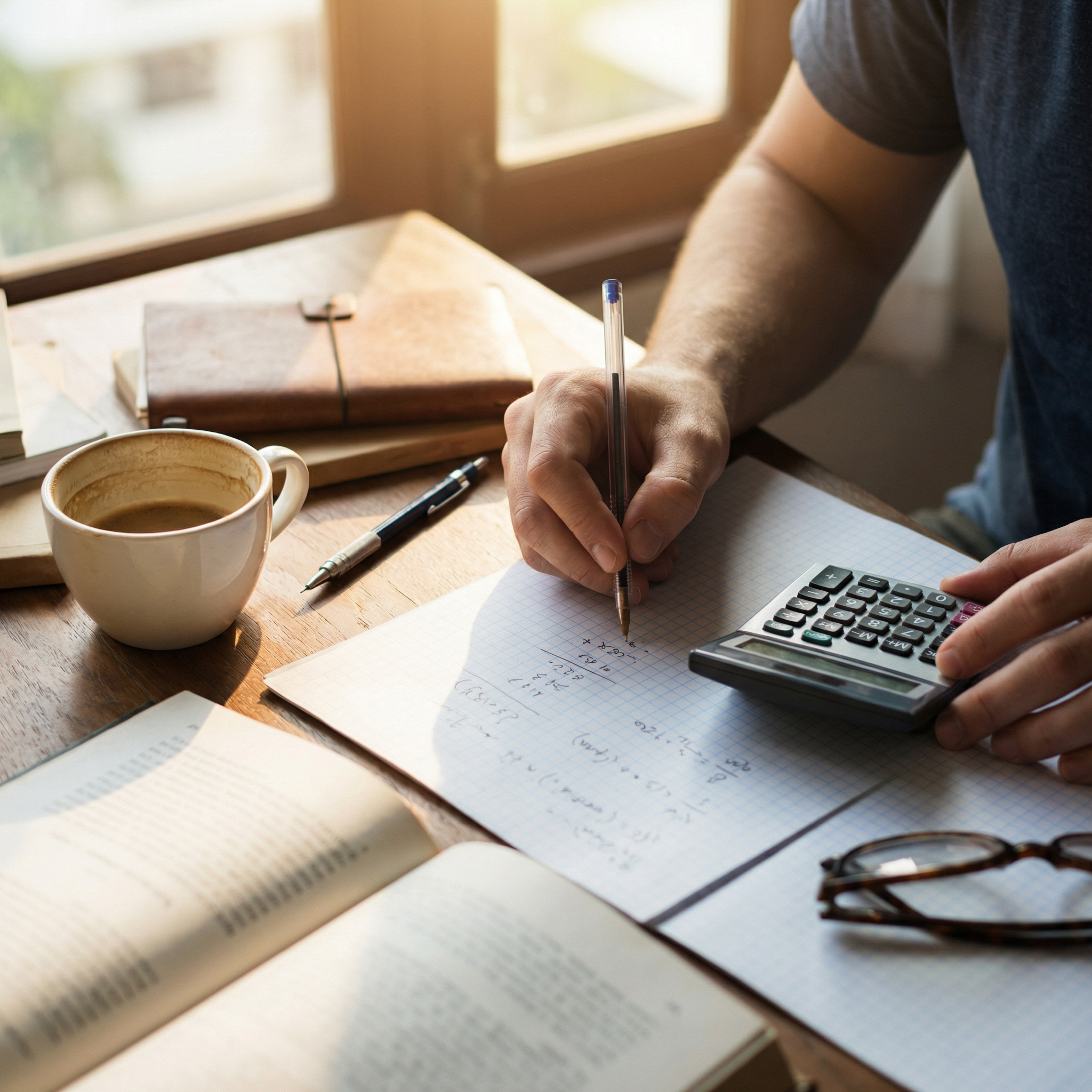 Person calculating with coffee
